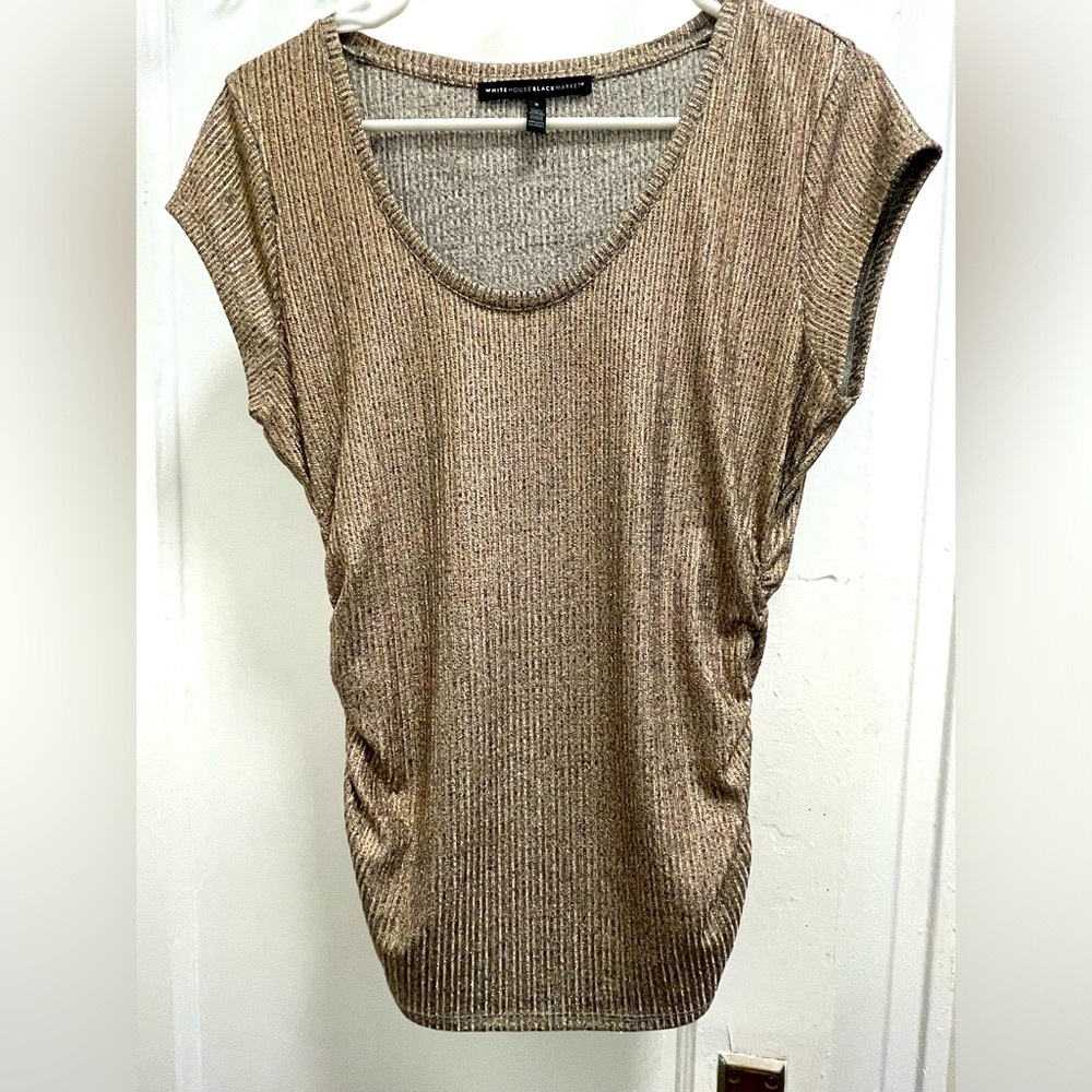 White House Black Market metallic gold cap-sleeved tee with ruching. Size small.